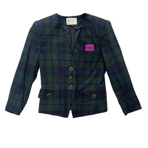 Stirling Cooper Womens 4 Green Blue Plaid Collarless Button Front Vintage Blazer